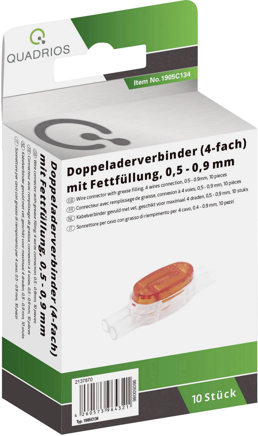 Verpackung eines Doppeladerverbinders. Beschriftung: 'Doppeladerverbinder (4-fach) mit Fettfüllung, 0,5 - 0,9 mm'. Enthält 10 Stück.