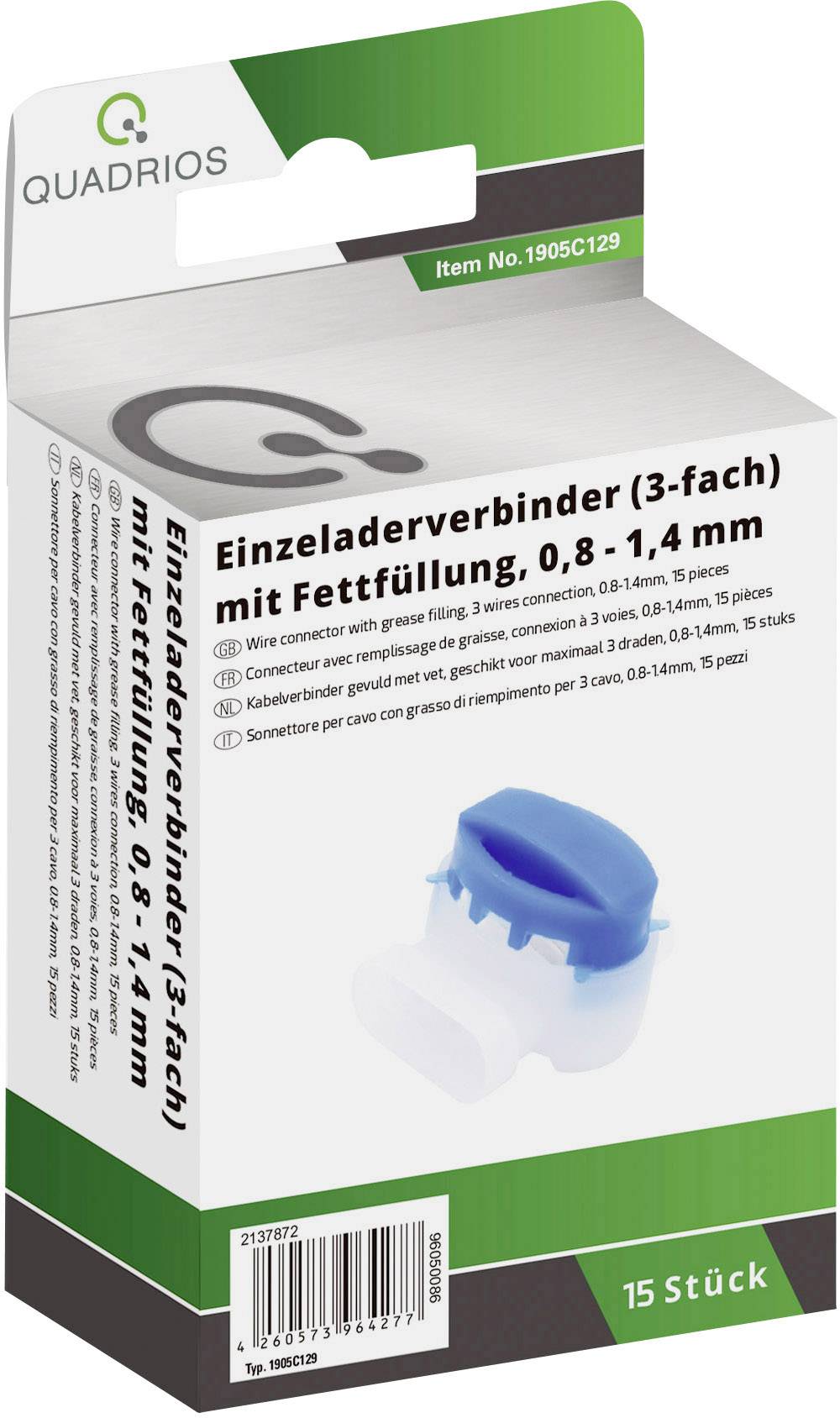Verpackung eines Einzeladerverbinders (3-fach) mit Fettfüllung, geeignet für Kabel von 0,8 bis 1,4 mm. Enthält 15 Stück.
