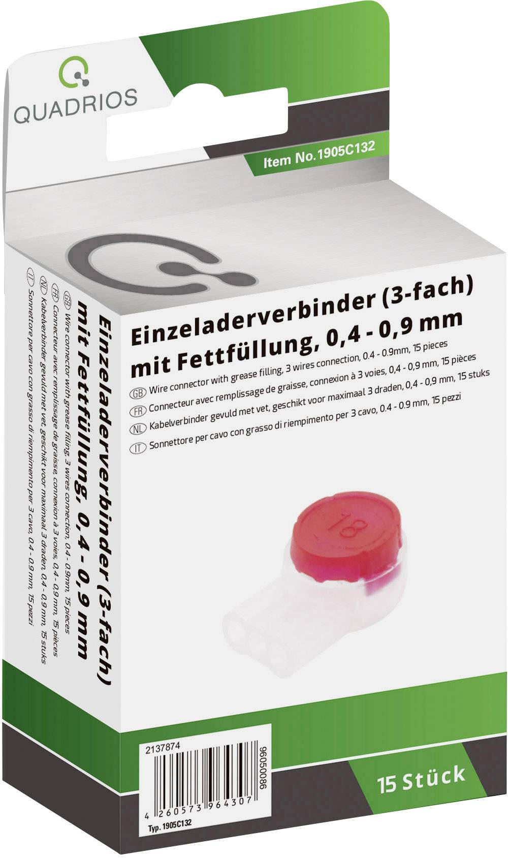 Verpackung für 'Einzeladerverbinder (3-fach) mit Fettfüllung, 0,4 - 0,9 mm', 15 Stück. Abbildung eines Verbinders mit roter Kappe.