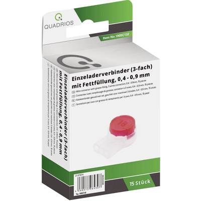 Verpackung für 'Einzeladerverbinder (3-fach) mit Fettfüllung, 0,4 - 0,9 mm', 15 Stück. Abbildung eines Verbinders mit roter Kappe.