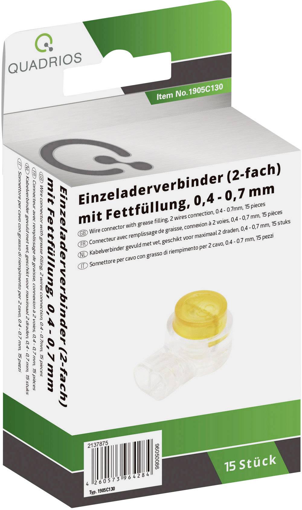 Verpackung eines Einzeladerverbinders für Kabel, mit Fettfüllung, geeignet für 0,4 - 0,7 mm Drahtdurchmesser, 15 Stück.