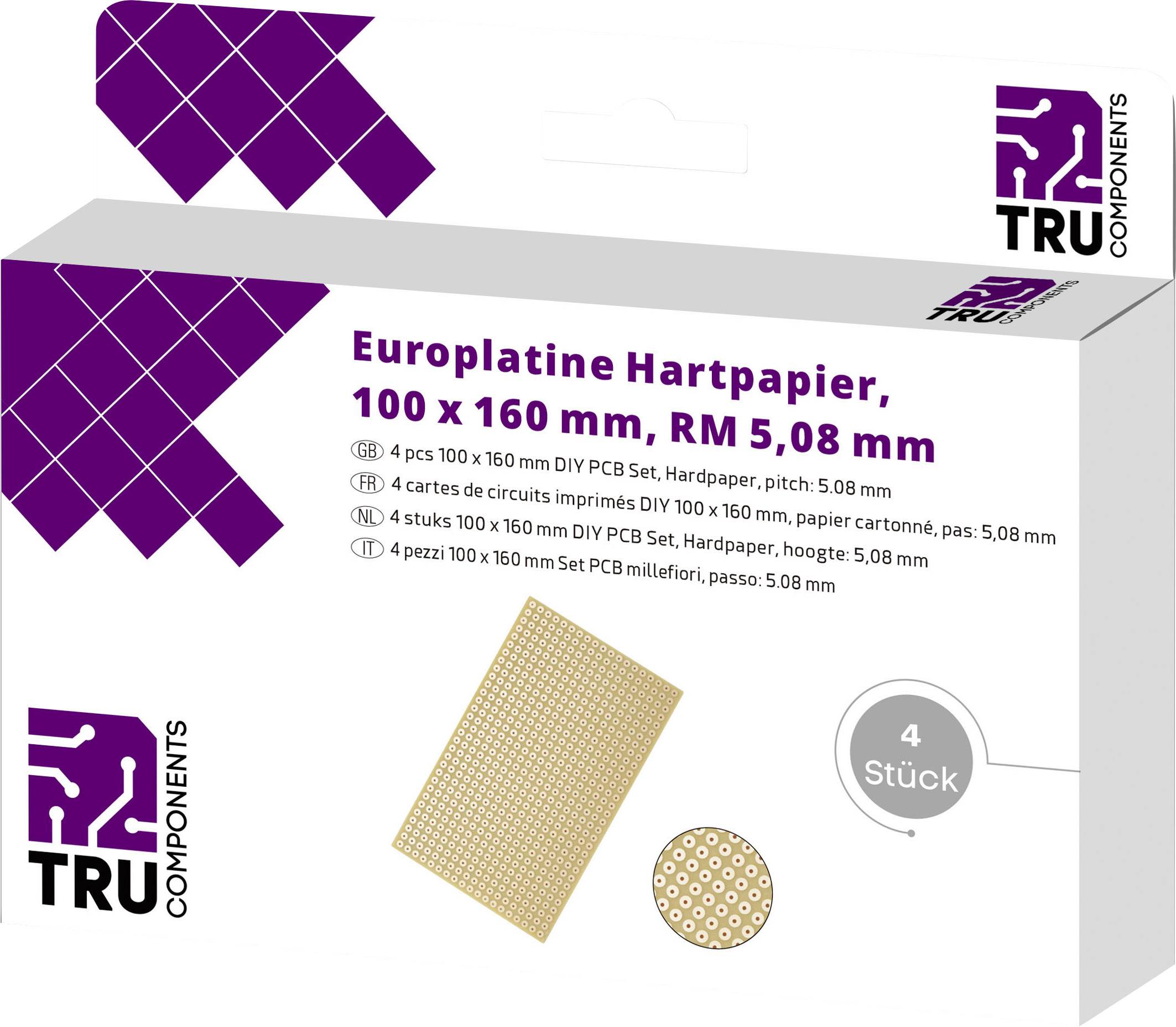 TRU COMPONENTS Europlatine Hartpapier (L x B) 160 mm x 100 mm 35 µm Rastermaß 5.08 mm Inhalt 4