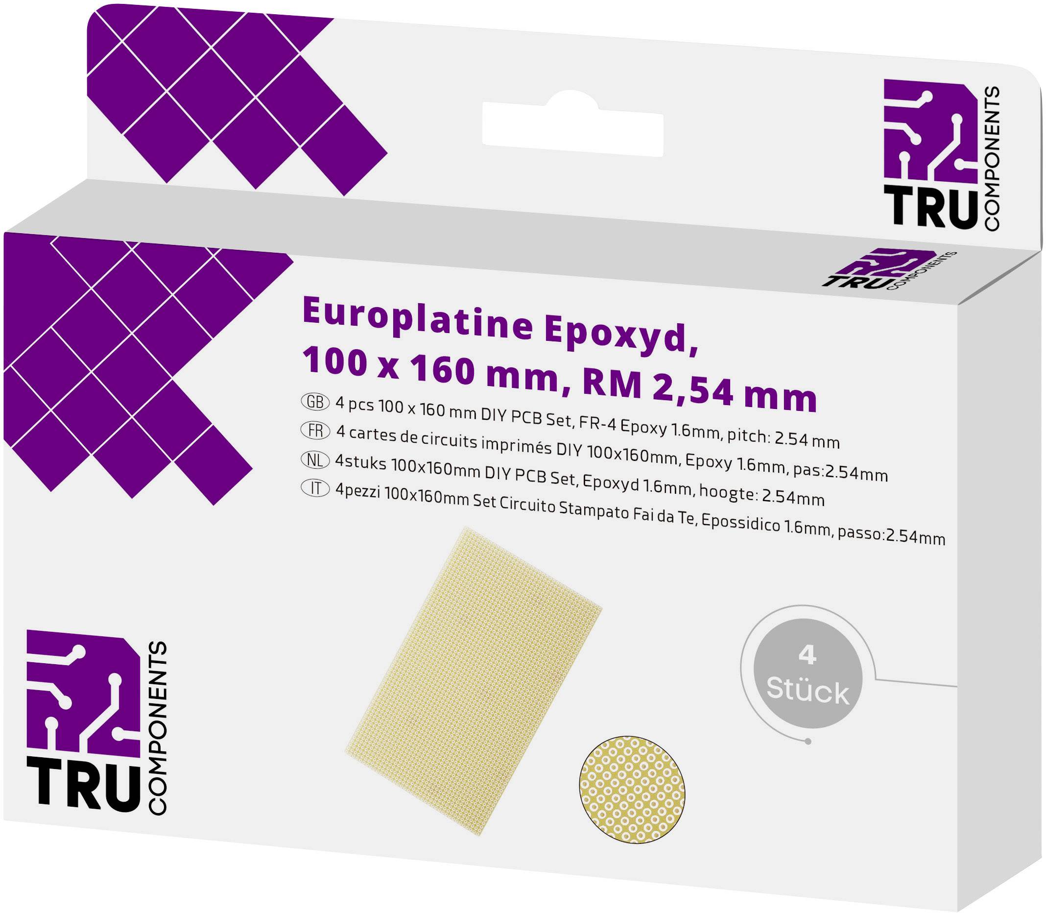 TRU COMPONENTS Europlatine Epoxyd (L x B) 160 mm x 100 mm 35 µm Rastermaß 2.54 mm Inhalt 4 St.