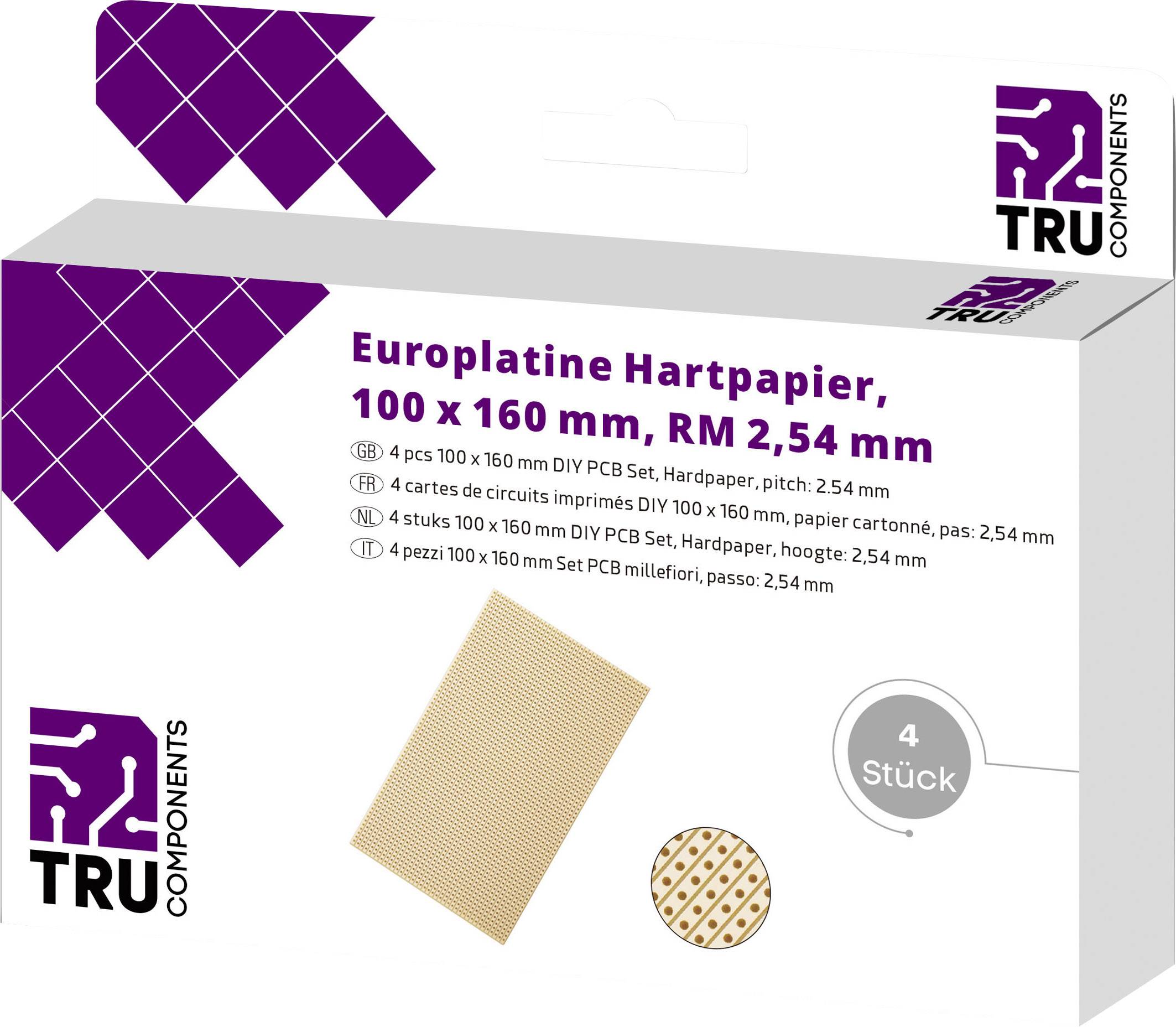 TRU COMPONENTS Europlatine Hartpapier (L x B) 160 mm x 100 mm 35 µm Rastermaß 2.54 mm Inhalt 4