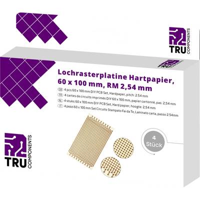 Verpackungsbeschreibung für TRU COMPONENTS Lochrasterplatine aus Hartpapier, 60x100 mm, Rastermaß 2,54 mm, 4 Stück enthalten.