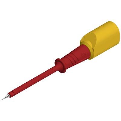 Roter elektrischer Prüfspitz mit gelbem Griff, konisch zulaufend, zur sicheren Anwendung bei elektrischen Messungen.