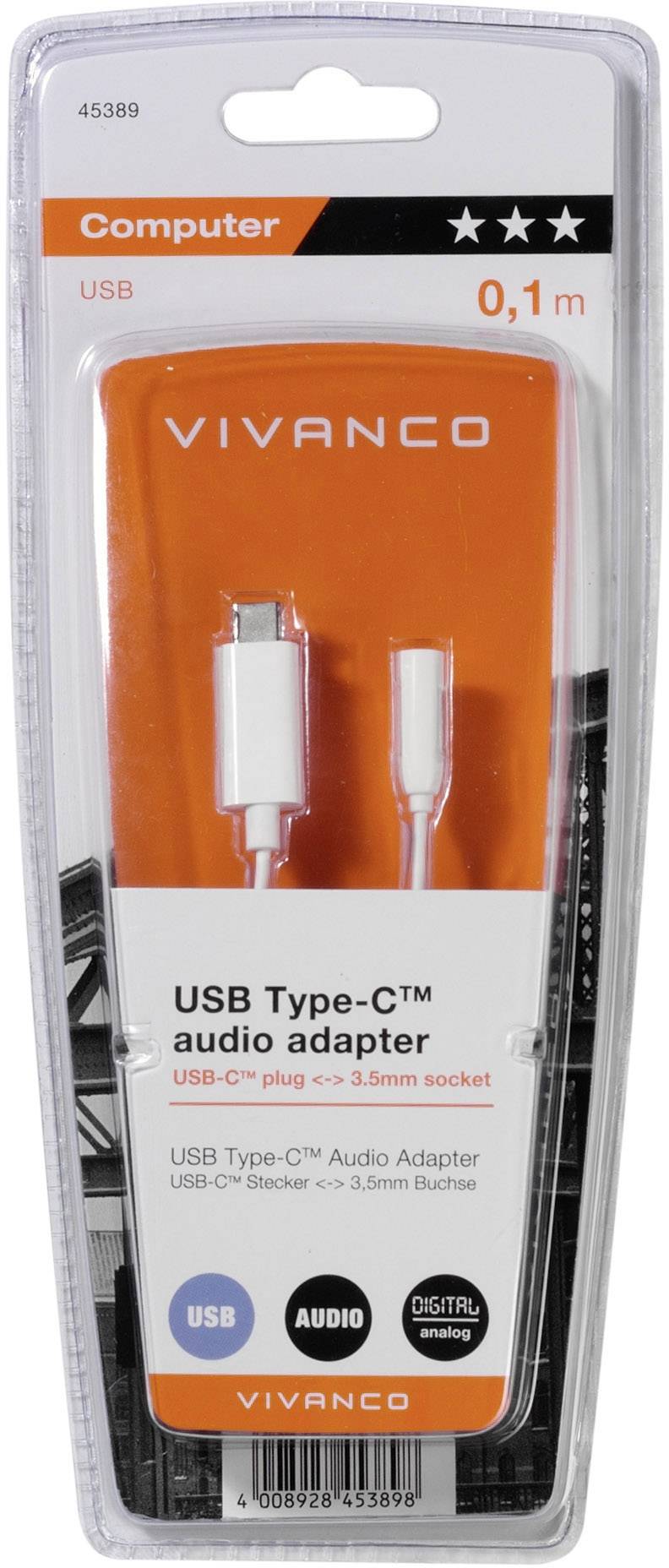 USB Type-C-zu-3,5mm-Audioadapter in Verpackung. Marke: Vivanco. Enthält USB-C-Stecker und 3,5mm-Buchse. Audioübertragung unterstützend.