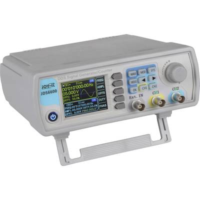 Ein DDS-Signalgenerator auf einem Tisch. Zeigt eine digitale Anzeige von Frequenz und Amplitude, mit mehreren Bedienelementen und Anschlüssen.