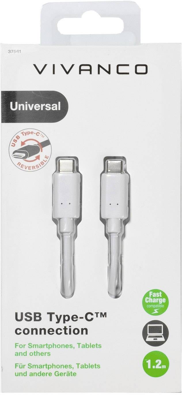 Produktbild einer Vivanco USB Typ-C Verbindung. Geeignet für Smartphones, Tablets und andere Geräte. Kabel ist 1,2 m lang.