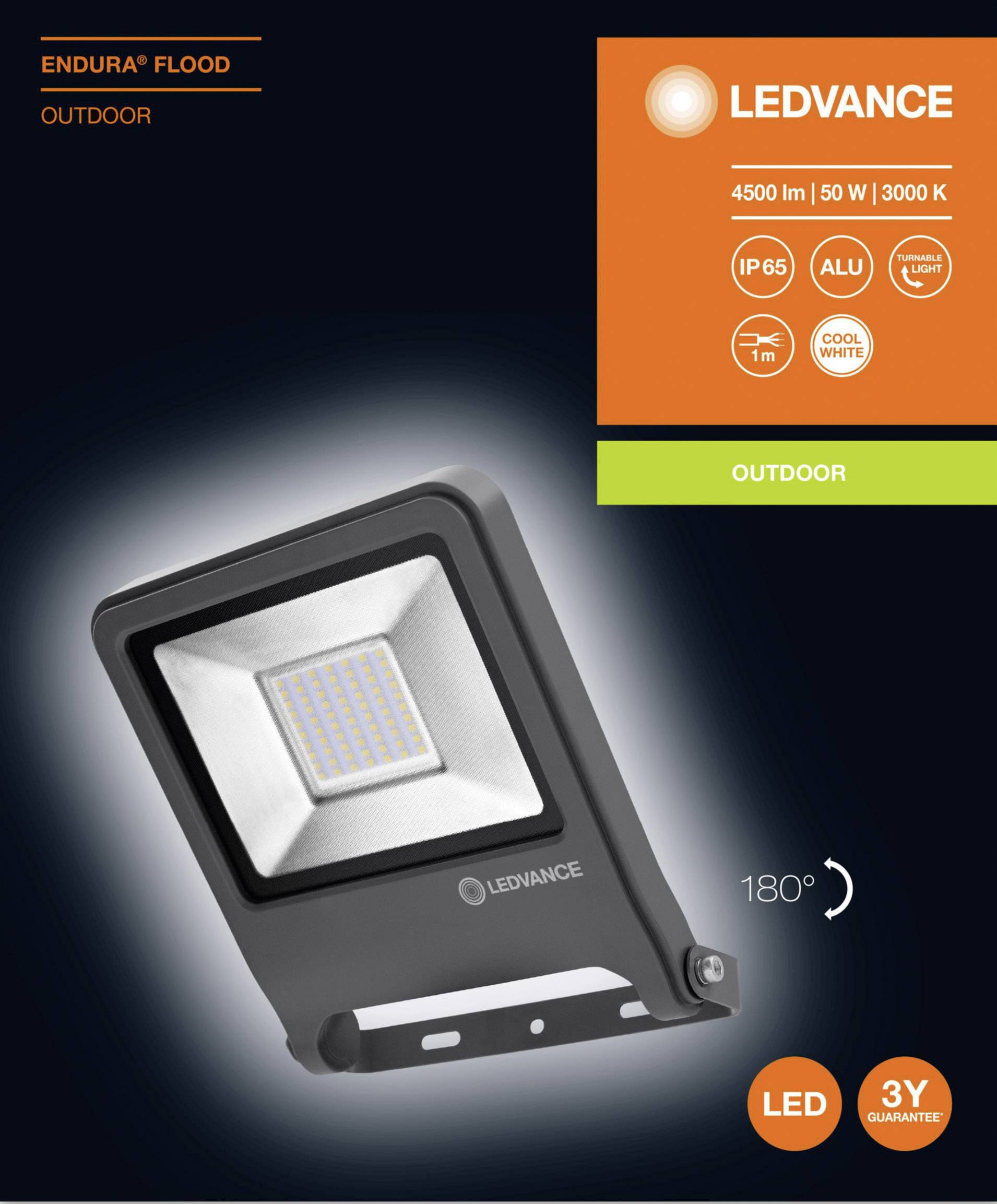 LED-Außenstrahler, Marke LEDVANCE. Leuchtet 4500 lm, 50 W, 3000 K. Schutzart IP65. Aluminiumgehäuse, Abstrahlwinkel 180°. 3 Jahre Garantie.