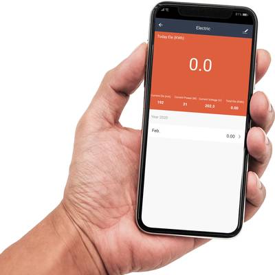 Eine Hand hält ein Smartphone mit einer App, die den Stromverbrauch anzeigt. Der aktuelle Verbrauch ist 0,0 kWh im Februar 2020.