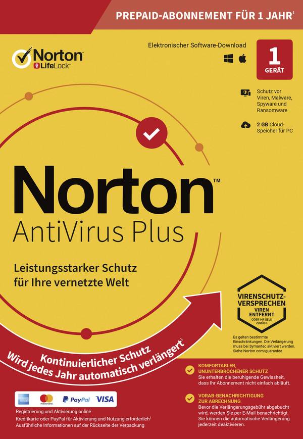 SYMANTEC - Norton AntiVirus Plus - Box-Pack (1 Jahr) - 1 Gerät, 2 GB Cloud-Speicherplatz