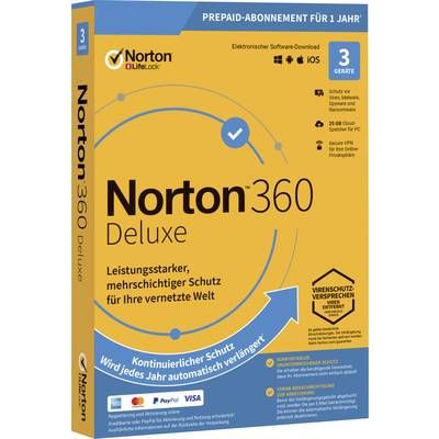 Norton Life Lock Norton™ 360 Deluxe 25GB GE 1 USER 3 DEVICE 12MO Jahreslizenz, 3 Lizenzen Windows, Mac, Android Antiviru