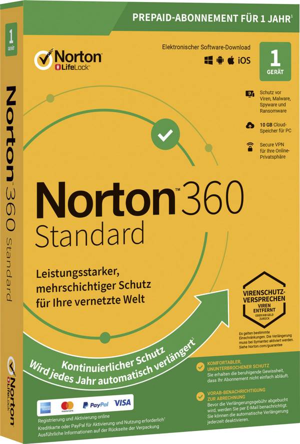 SYMANTEC - Norton 360 Standard - Box-Pack (1 Jahr) - 1 Gerät, 10 GB Cloud-Speicherplatz