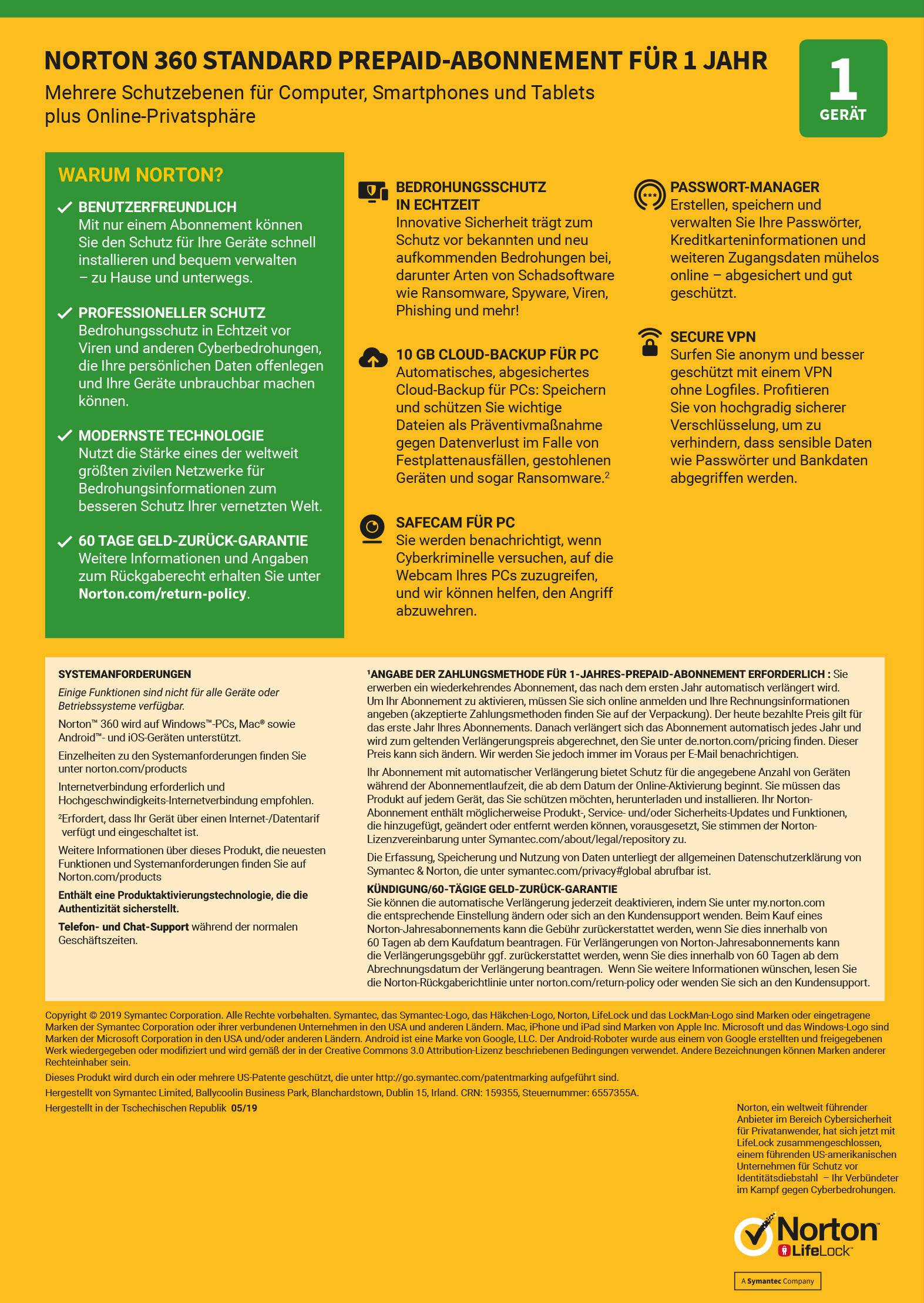 SYMANTEC - Norton 360 Standard - Box-Pack (1 Jahr) - 1 Gerät, 10 GB Cloud-Speicherplatz-2