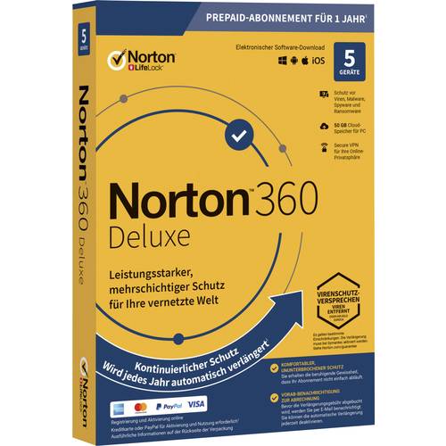 Norton Life Lock Norton™ 360 Deluxe 50GB GE 1 USER 5 DEVICE 12MO Jahreslizenz, 5 Lizenzen Windows, Mac, Android Antiviru...