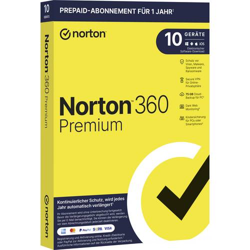 Norton Life Lock Norton™ 360 Premium 75GB GE 1 USER 10 DEVICE 12MO Jahreslizenz, 10 Lizenzen Windows, Mac, Android Antiv...