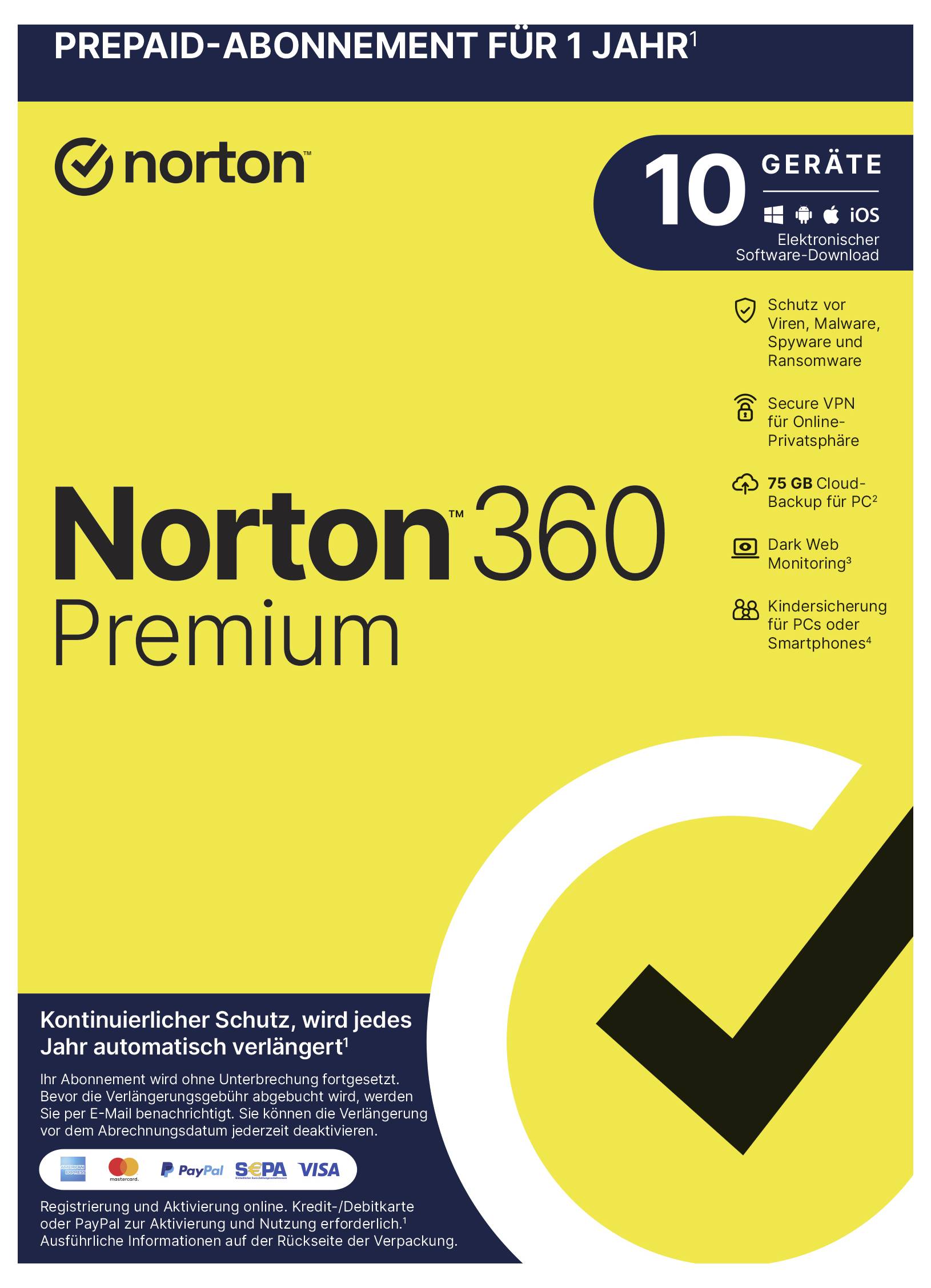 Gelbes Norton 360 Premium-Paket für 10 Geräte mit 1 Jahr Schutz vor Viren und Malware, VPN, Passwort-Manager und 75 GB Cloud-Backup.