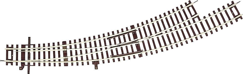 Eisenbahnschienen aus Metall, mit einer Weiche in der Mitte, die sich nach links teilt. Die Schienen sind braun und weiß.