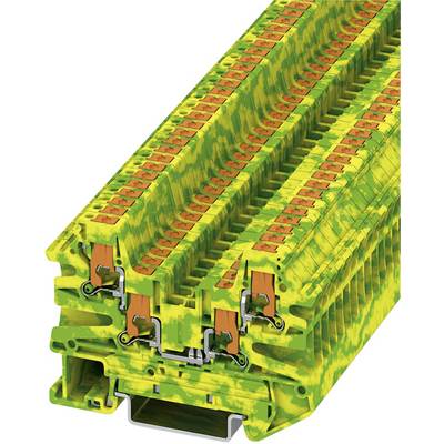 Elektrische Reihenklemme in gelb-grüner Tarnfarbe mit mehreren Anschlussplätzen, geeignet für industrielle Verdrahtung und Erdung.