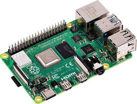 Raspberry Pi Essentials Kit Raspberry Pi 4 B mit zahlreichen Anschlüssen und elektronischen Bauteilen.