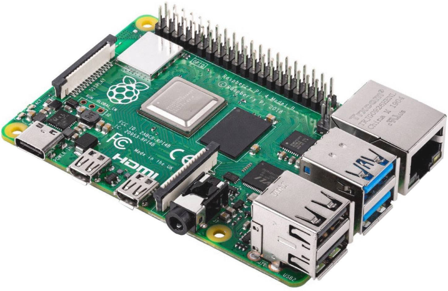 Ein Raspberry Pi 4 Modell B mit mehreren USB-Ports, HDMI-Anschluss und GPIO-Pins, geeignet für verschiedene Elektronikprojekte.