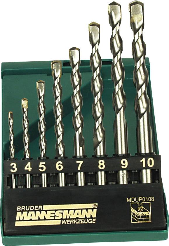 Metallbohrer-Satz mit acht Bohrern in verschiedenen Größen von 3 bis 10 mm, in einem grünen Halter mit der Aufschrift 'Brüder Mannesmann Werkzeuge'.