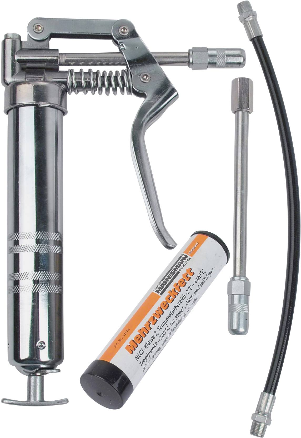 Eine Metall-Fettpresse mit Hebelgriff, flexiblem Schlauch und Kartusche. Werkzeug zur Schmierung von Maschinen und Geräten.