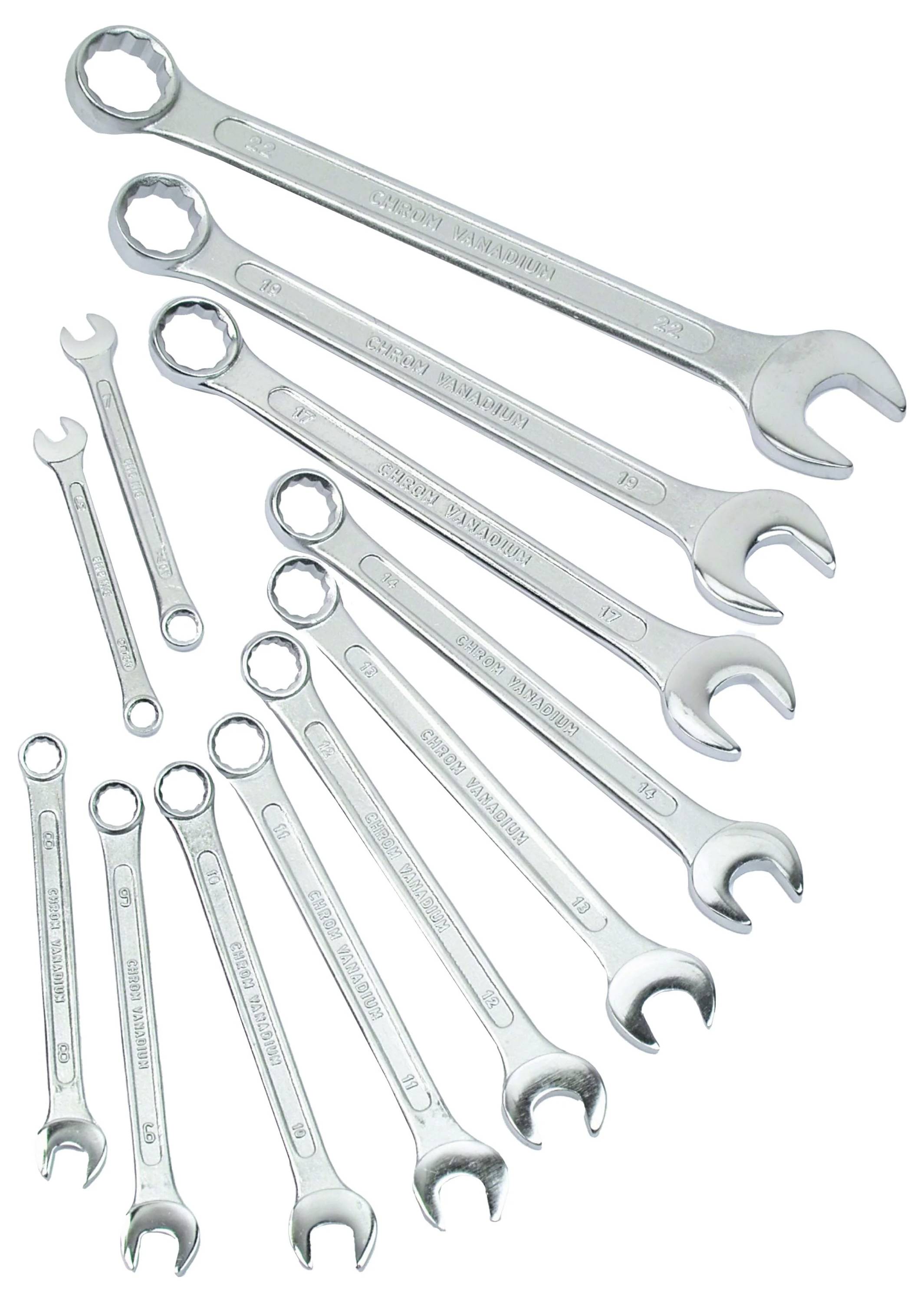 Ein Set von zwölf silbernen Maulschlüsseln in verschiedenen Größen. Sie sind flachgelegt und gestaffelt, sortiert von klein nach groß.