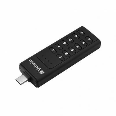 Schwarzer USB-Stick mit Zahlen-Tastatur auf der Oberseite, geeignet zur Datenspeicherung und -sicherung.