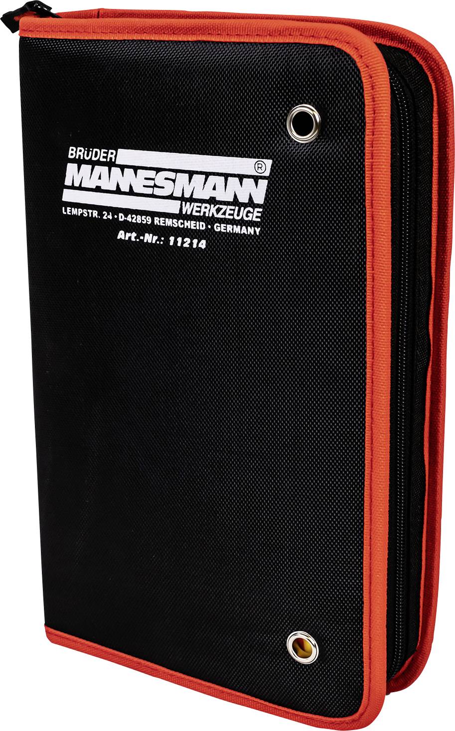 Schwarze Werkzeugtasche mit rotem Rand, mit Aufschrift 'Brüder Mannesmann Werkzeuge'. Enthält keinen sichtbaren Inhalt.