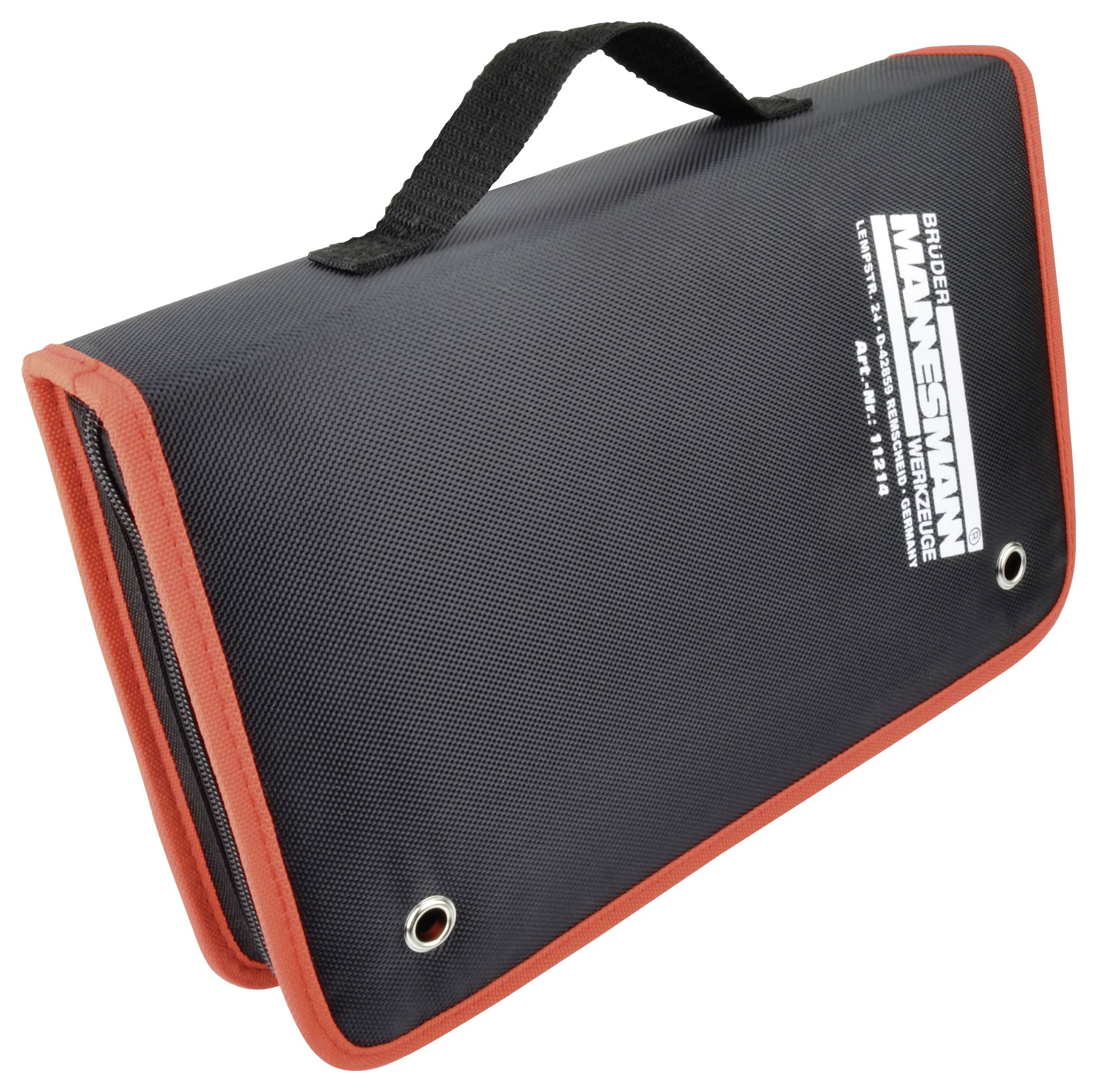 Schwarze Werkzeugtasche aus Stoff mit rotem Rand und Tragegriff. Aufschrift: 'Spider Waresman'.