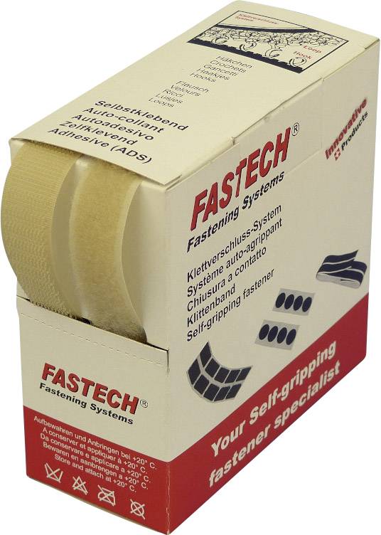Verpackung eines Klettverschluss-Systems der Marke Fastech. Beschriftung in mehreren Sprachen, zeigt selbsthaftende Klettbänder.