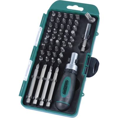 Schraubendreher-Set mit verschiedenen Bits und einem ergonomischen Griff in einer grünen, offenen Box. Ideal für vielfältige Arbeiten.