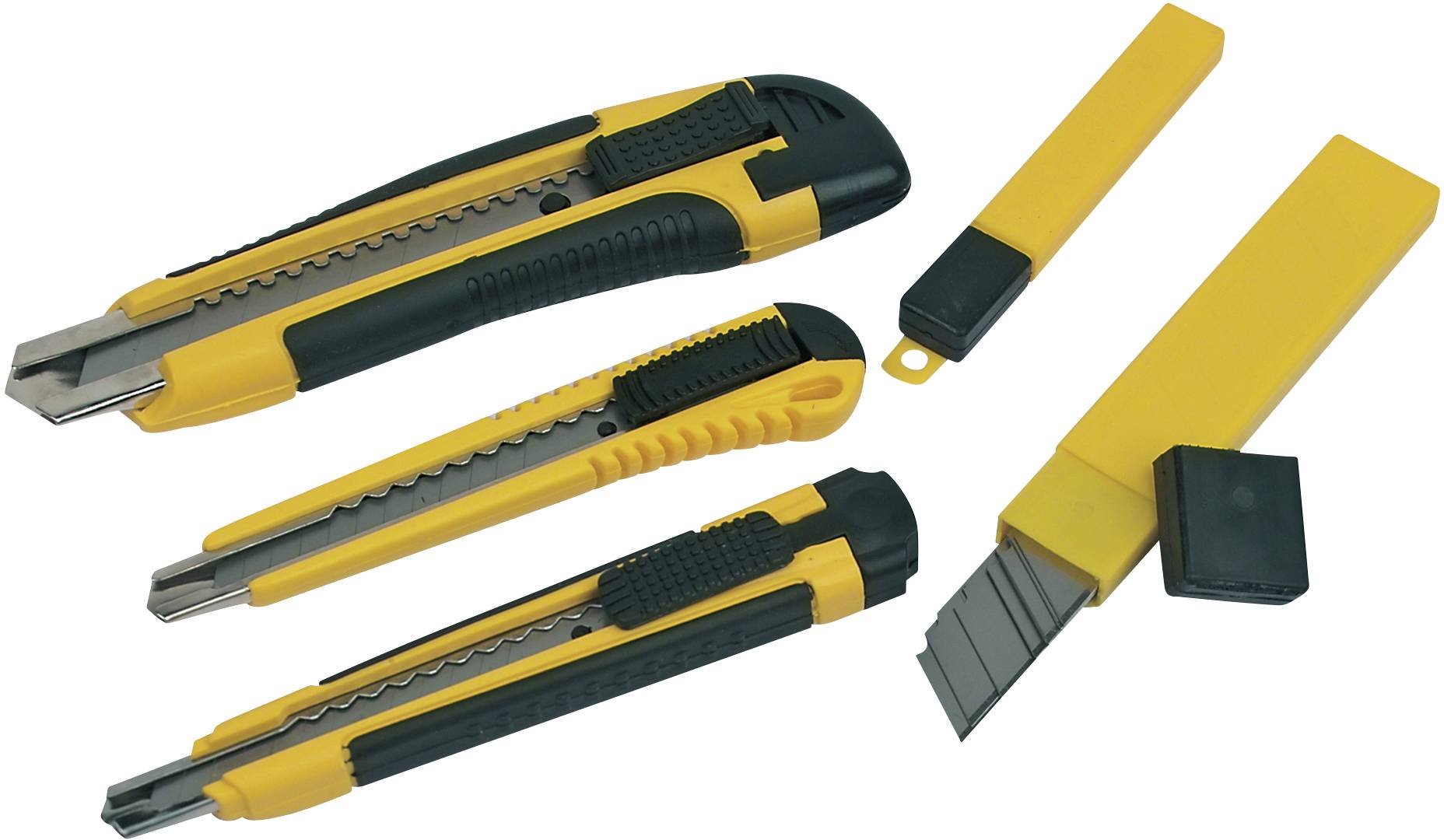 Fünf gelbe Universalmesser mit schwarzen Griffen, drei sind ausgefahren und eins mit Ersatzklingen, auf weißem Hintergrund.
