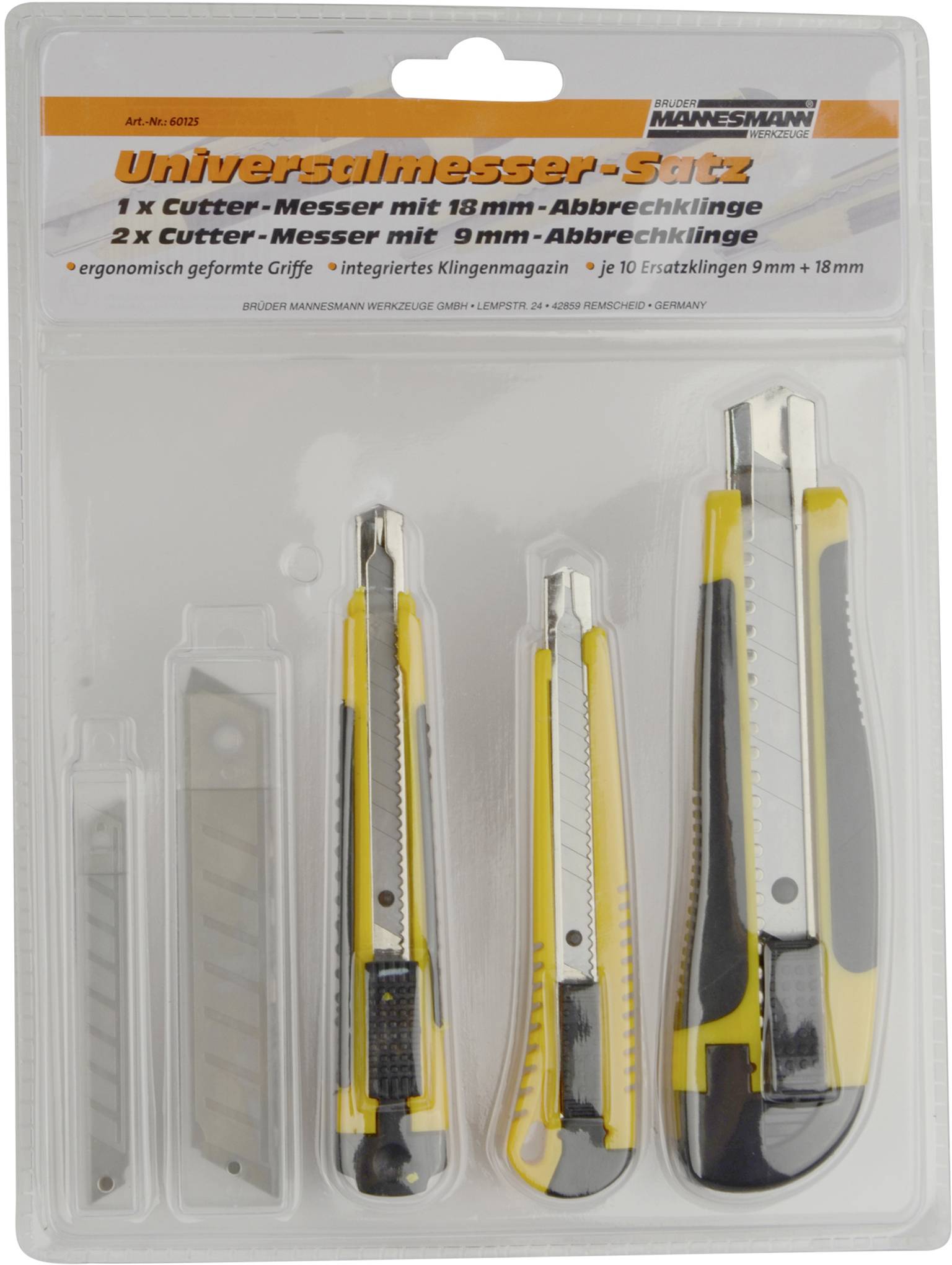 Verpackung eines Universalmesser-Satzes mit drei unterschiedlich großen Cuttermessern und Ersatzklinge, Marke sichtbar oben rechts.