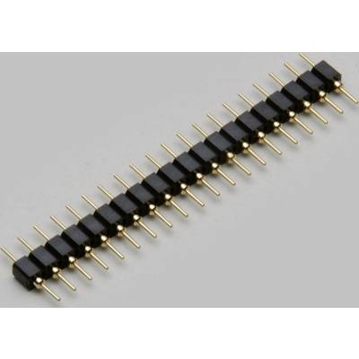 Eine zweireihige, gerade Stiftleiste mit goldenen Metallstiften und einem schwarzen Kunststoffgehäuse. Geeignet für elektronische Verbindungen.