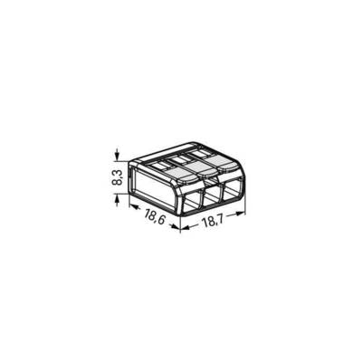 Ein technisches Diagramm zeigt die Abmessungen eines dreipoligen Verbinders: 8,3 mm hoch, 18,6 mm breit, 18,7 mm tief.