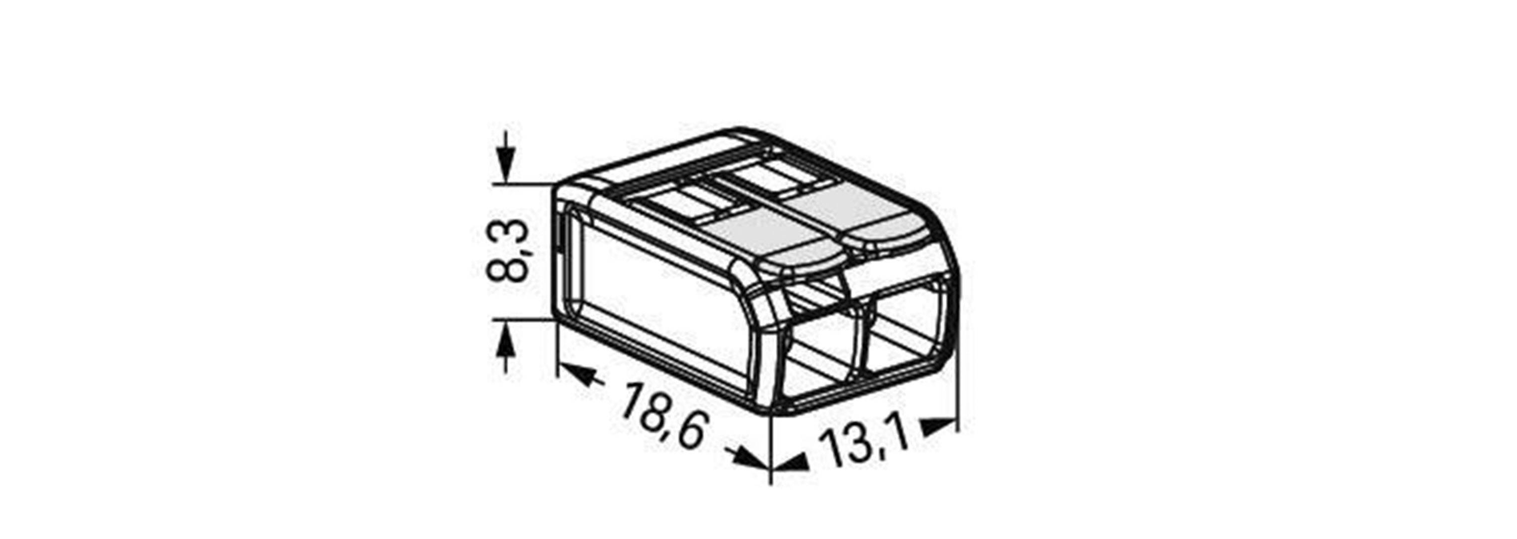Technische Zeichnung eines rechteckigen Steckverbinders mit den Maßen: 8,3 mm Höhe, 18,6 mm Länge und 13,1 mm Breite.