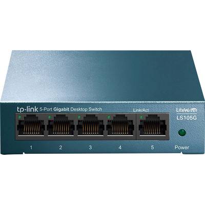 Ein TP-Link 5-Port Gigabit Desktop Switch (Modell LS105G) mit fünf Ethernet-Ports, LED-Anzeigen für jeden Port und einer Power-LED.