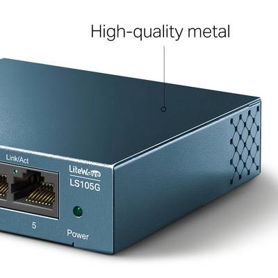 Metallgehäuse eines Netzwerk-Switches mit Modellnummer LS105G. Zwei Ethernet-Anschlüsse und Kontrollleuchten sichtbar.
