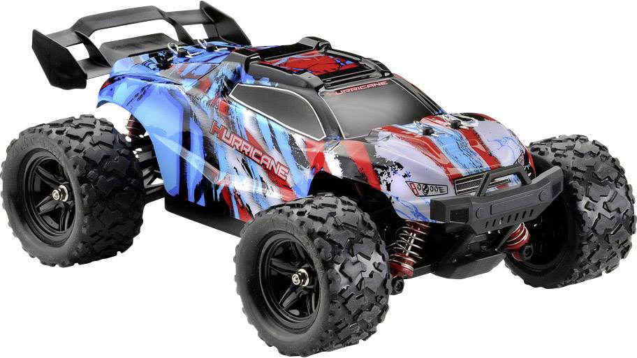 Ein ferngesteuertes Auto mit großen Reifen und auffälligem, mehrfarbigem Design, auf dem 'Hurricane' steht.