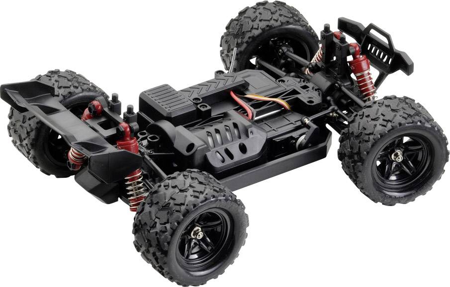 Ein ferngesteuertes Auto ohne Karosserie, zeigt das Chassis mit Rädern, Stoßdämpfern und Verkabelung. Geeignet für Offroad.