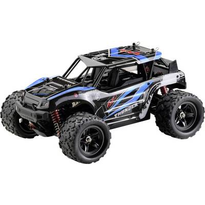 Ein ferngesteuertes Spielzeugauto in einem robusten Design mit großen, profilierten Reifen. Das Auto ist schwarz mit blauen Akzenten.