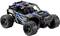 Ein ferngesteuertes geländegängiges Auto in Blau und Schwarz mit großen Profilreifen und detailreicher Karosserie, bereit für Offroad-Fahrten.