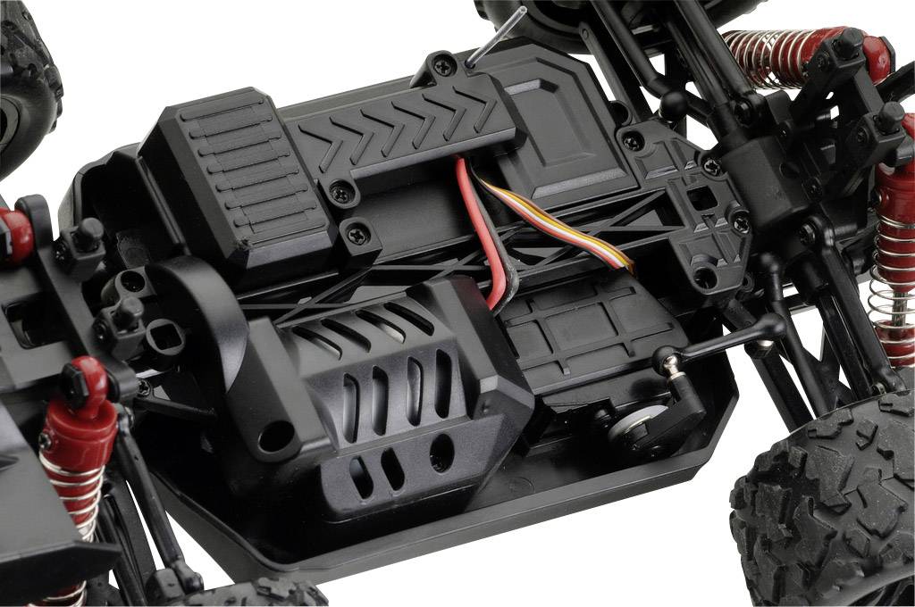Nahaufnahme eines ferngesteuerten Auto-Chassis mit sichtbarer Elektronik, Motor und Federung.