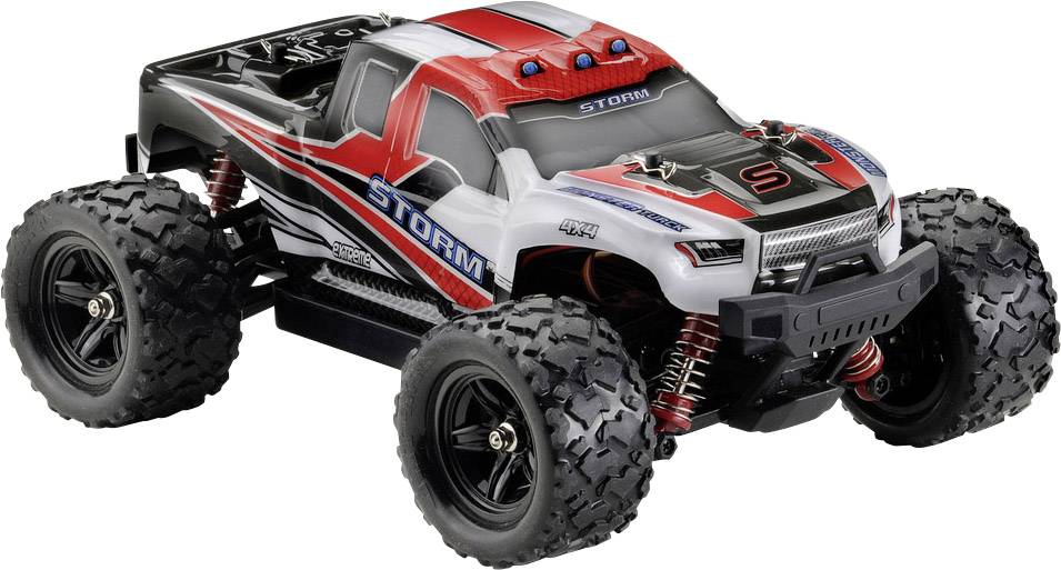 Ein ferngesteuertes Modellauto mit robustem Design in Rot, Schwarz und Weiß, besitzt große Offroad-Reifen und markanten Schriftzug 'STORM'.