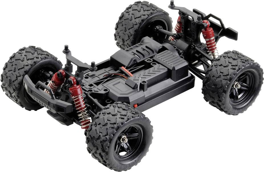 Ferngesteuertes Auto-Chassis mit robusten, grob profilierten Reifen und sichtbaren Stoßdämpfern. Geeignet für Offroad-Fahrten.