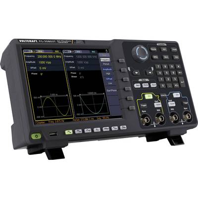 Ein Oszilloskop mit zwei grafischen Wellenformen auf dem Display. Zeigt Messdaten für Frequenz und Amplitude an. Bedienfeld rechtsseitig.