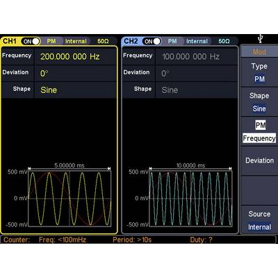 'Oszilloskop zeigt zwei Kanäle CH1 und CH2, beide mit Sinuskurven. CH1: 200.000 kHz, CH2: 100.000 kHz. Gelbe und blaue Wellenformen.'